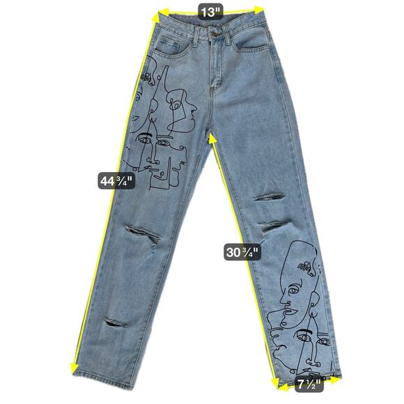 Distressed Faded Denim Mom Jeans Women 26" Waist Wide Leg High Rise Wearable Art - Picture 6 of 16